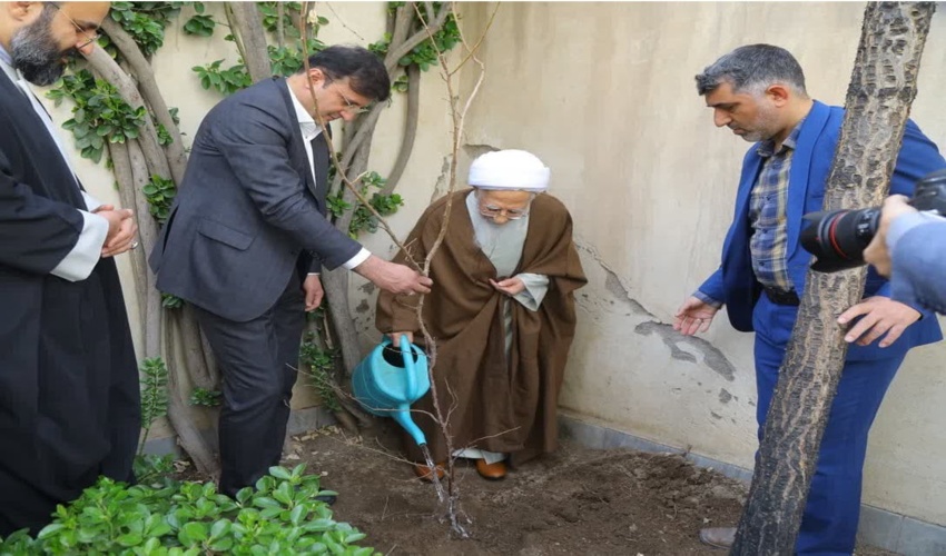 کاشت نهال توسط آیت الله العظمی جوادی آملی در هفته منابع طبیعی